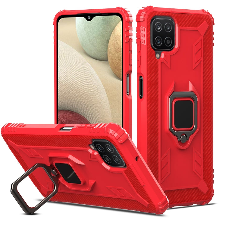For Samsung Galaxy A12 5G Carbon Fiber Protective Case with 360 Degree Rotating Ring Holder