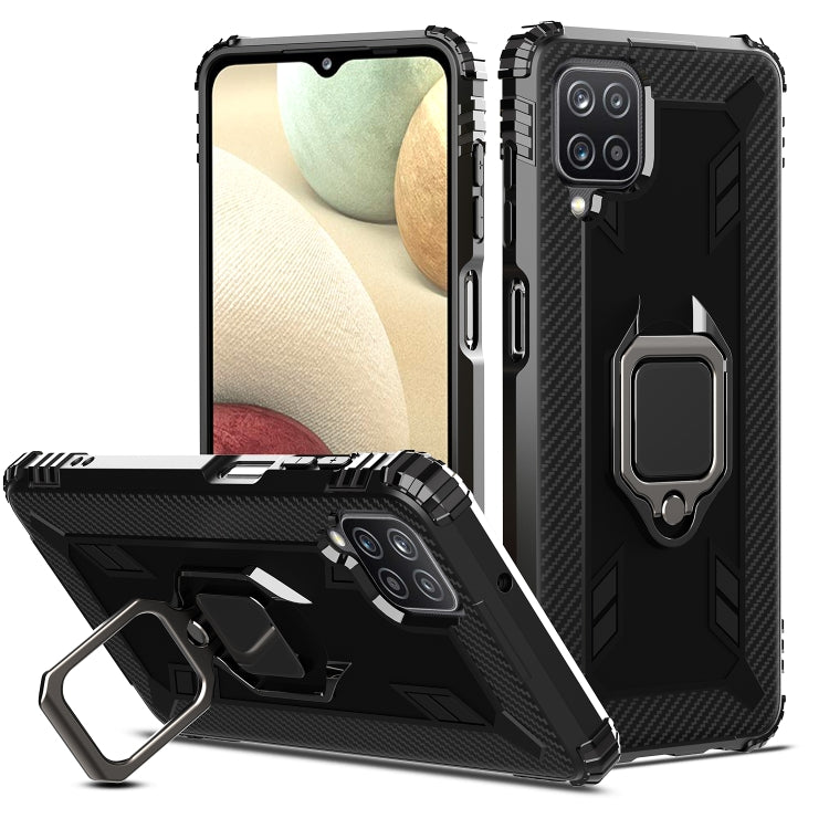 For Samsung Galaxy A12 5G Carbon Fiber Protective Case with 360 Degree Rotating Ring Holder