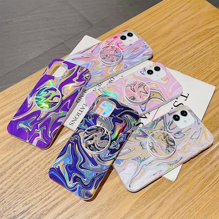 For iPhone 11 Laser Glitter Watercolor Pattern Shockproof Protective Case with Folding Holder