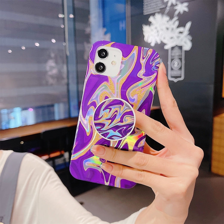 For iPhone 11 Laser Glitter Watercolor Pattern Shockproof Protective Case with Folding Holder