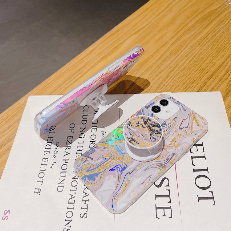 For iPhone 11 Laser Glitter Watercolor Pattern Shockproof Protective Case with Folding Holder