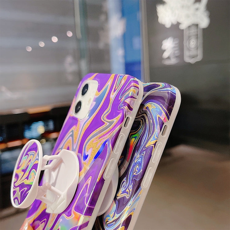 For iPhone 11 Pro Laser Glitter Watercolor Pattern Shockproof Protective Case with Folding Holder