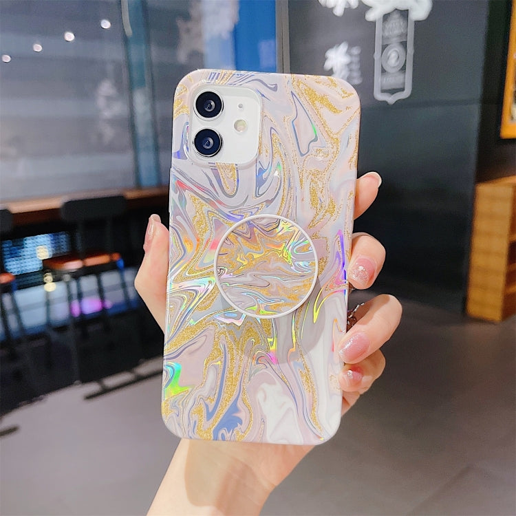 For iPhone 12 / 12 Pro Laser Glitter Watercolor Pattern Shockproof Protective Case with Folding Holder