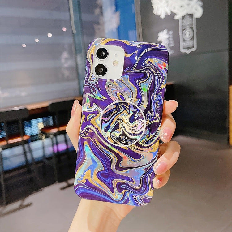 For iPhone 12 / 12 Pro Laser Glitter Watercolor Pattern Shockproof Protective Case with Folding Holder