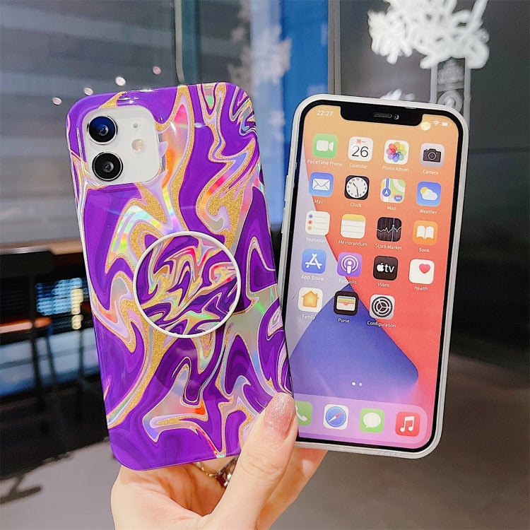 For iPhone 12 / 12 Pro Laser Glitter Watercolor Pattern Shockproof Protective Case with Folding Holder