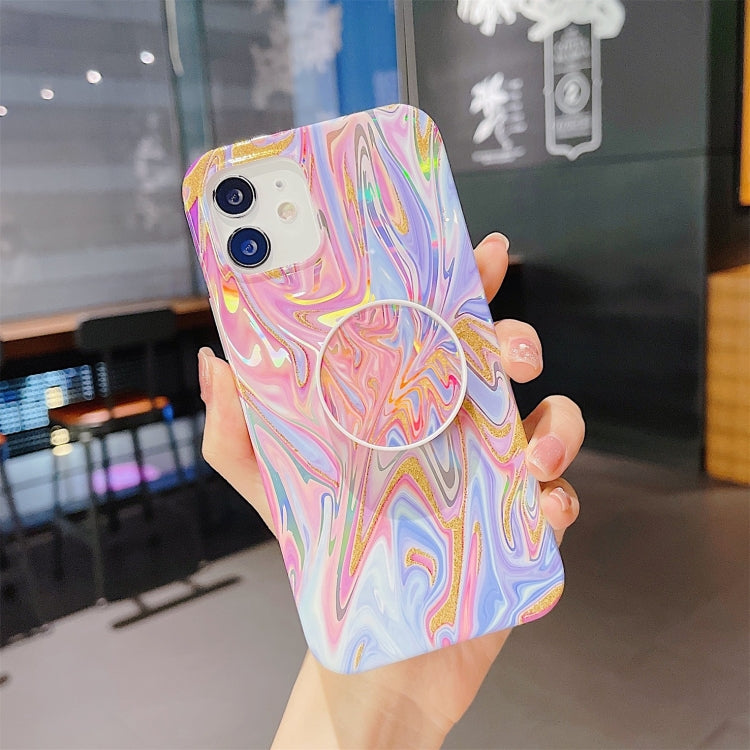 For iPhone 12 Pro Max Laser Glitter Watercolor Pattern Shockproof Protective Case with Folding Holder