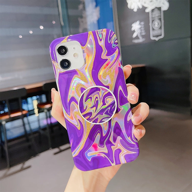 For iPhone 12 Pro Max Laser Glitter Watercolor Pattern Shockproof Protective Case with Folding Holder
