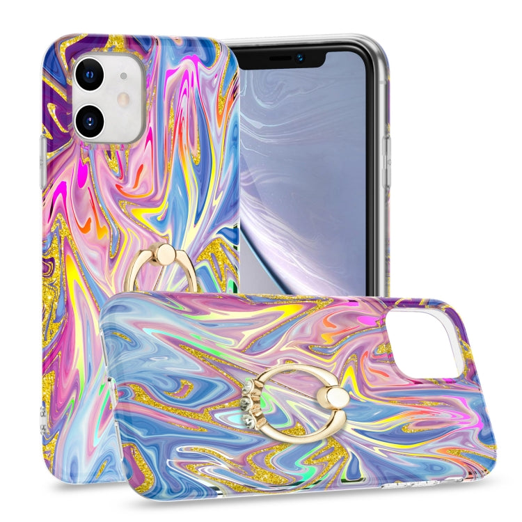 For iPhone 11 Laser Glitter Watercolor Pattern Shockproof Protective Case with Ring Holder