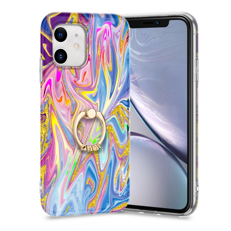 For iPhone 11 Laser Glitter Watercolor Pattern Shockproof Protective Case with Ring Holder