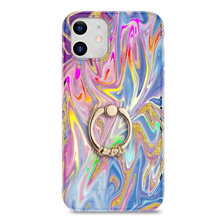 For iPhone 11 Laser Glitter Watercolor Pattern Shockproof Protective Case with Ring Holder