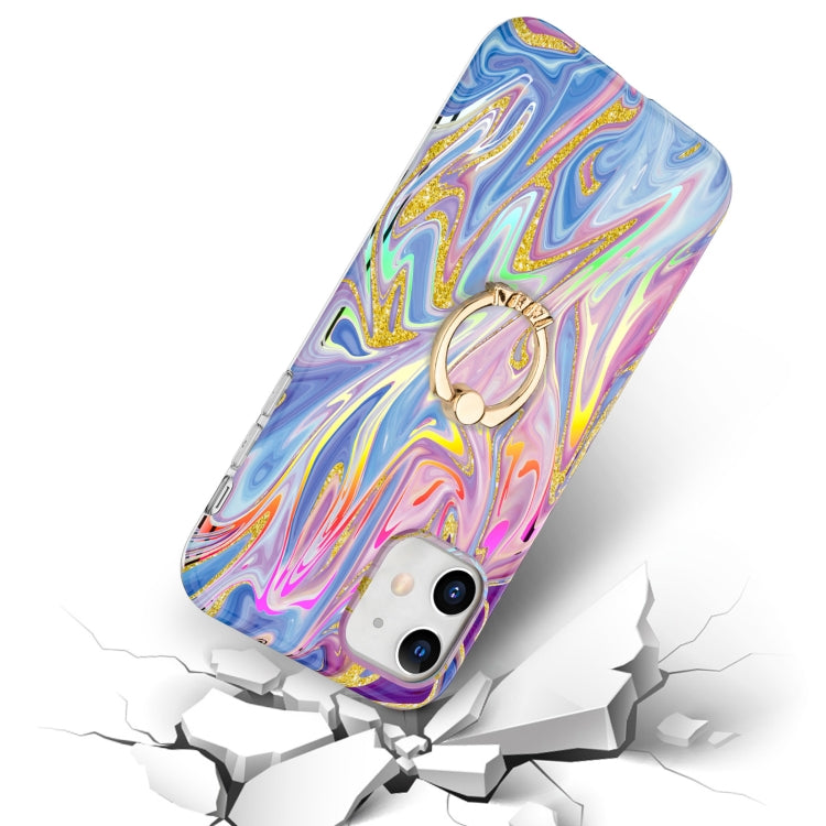 For iPhone 11 Laser Glitter Watercolor Pattern Shockproof Protective Case with Ring Holder