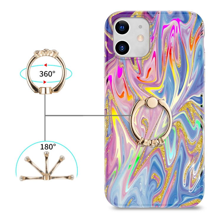 For iPhone 11 Laser Glitter Watercolor Pattern Shockproof Protective Case with Ring Holder