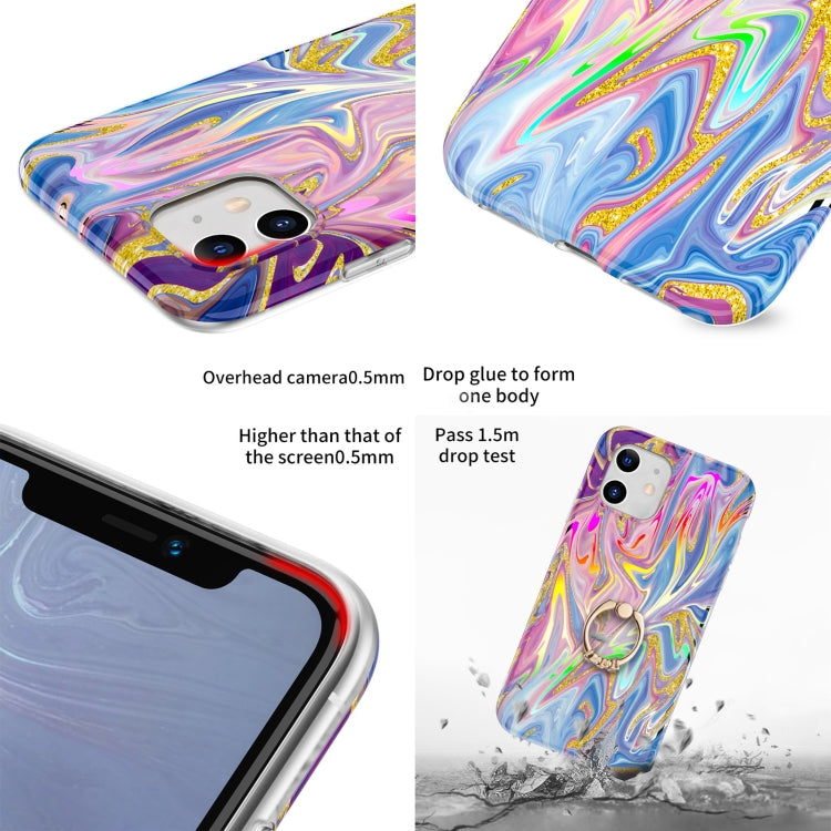 For iPhone 11 Laser Glitter Watercolor Pattern Shockproof Protective Case with Ring Holder