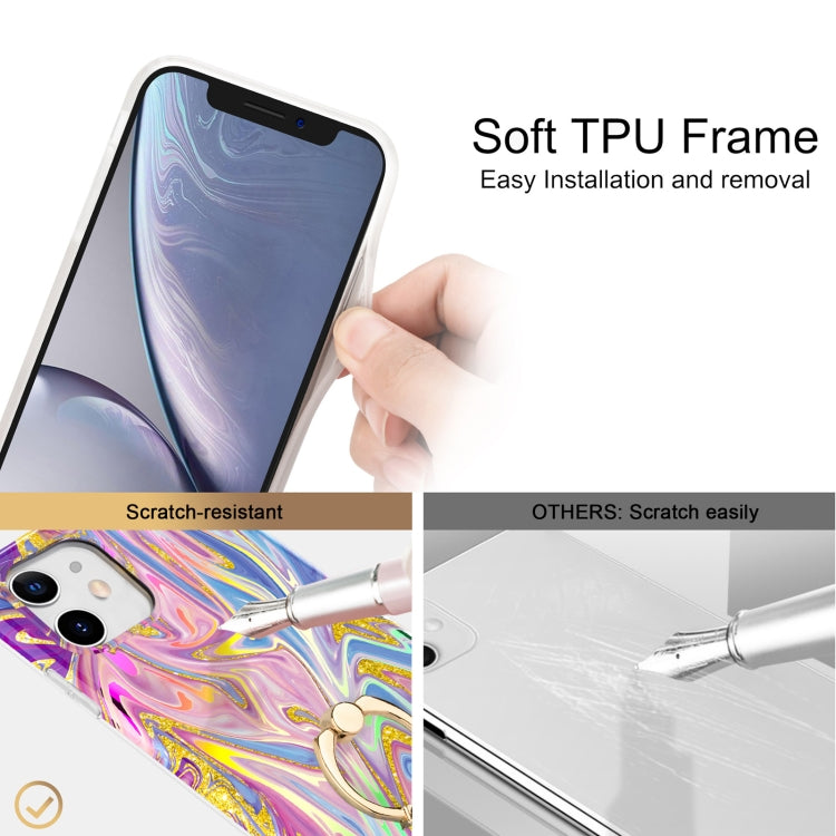 For iPhone 11 Laser Glitter Watercolor Pattern Shockproof Protective Case with Ring Holder