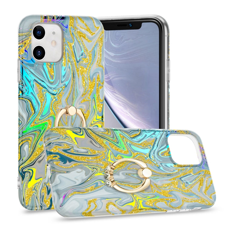 For iPhone 11 Laser Glitter Watercolor Pattern Shockproof Protective Case with Ring Holder