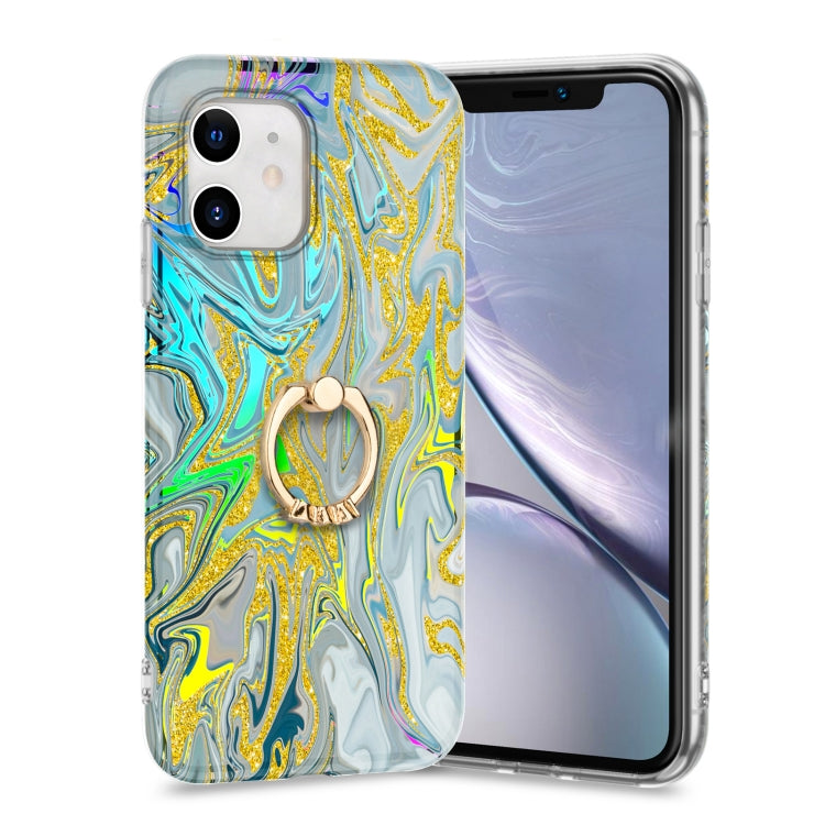 For iPhone 11 Laser Glitter Watercolor Pattern Shockproof Protective Case with Ring Holder