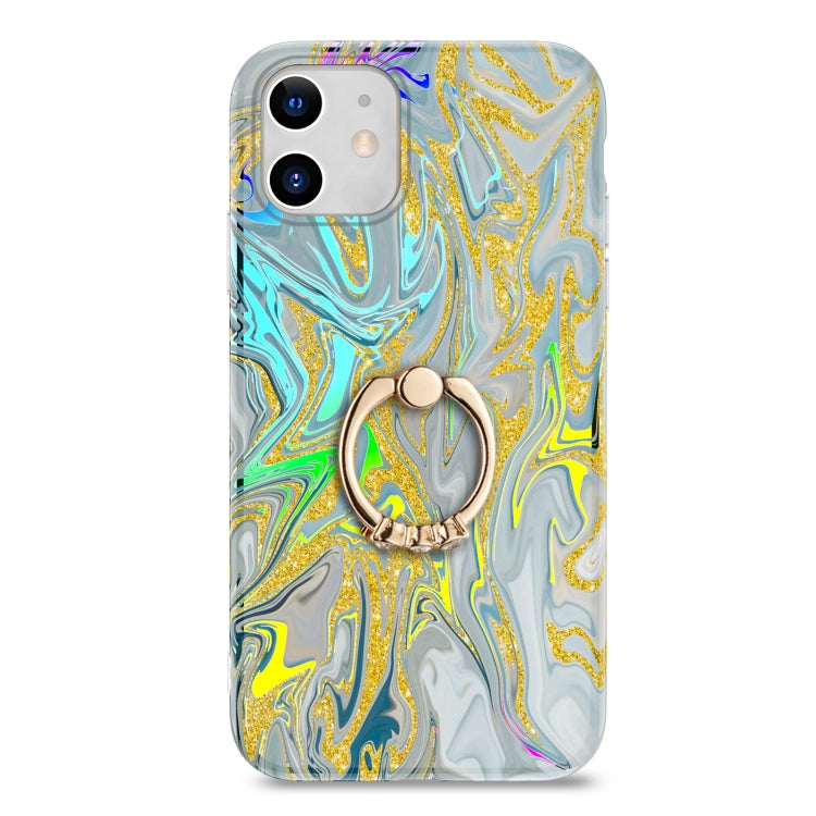 For iPhone 11 Laser Glitter Watercolor Pattern Shockproof Protective Case with Ring Holder