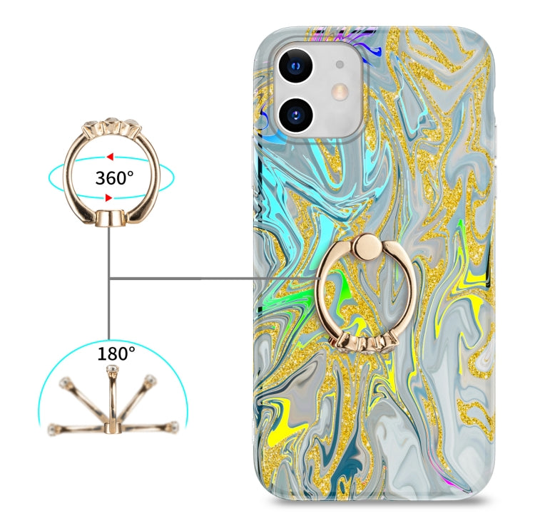 For iPhone 11 Laser Glitter Watercolor Pattern Shockproof Protective Case with Ring Holder