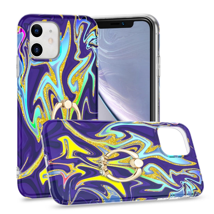 For iPhone 11 Laser Glitter Watercolor Pattern Shockproof Protective Case with Ring Holder