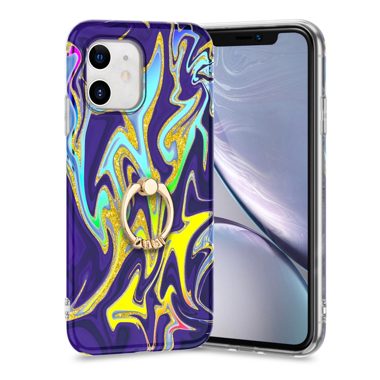 For iPhone 11 Laser Glitter Watercolor Pattern Shockproof Protective Case with Ring Holder