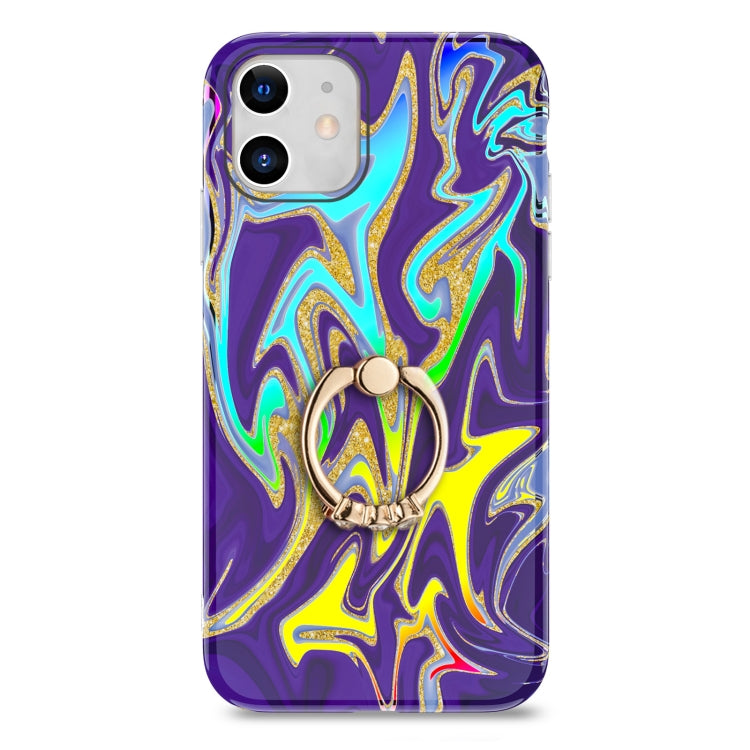 For iPhone 11 Laser Glitter Watercolor Pattern Shockproof Protective Case with Ring Holder