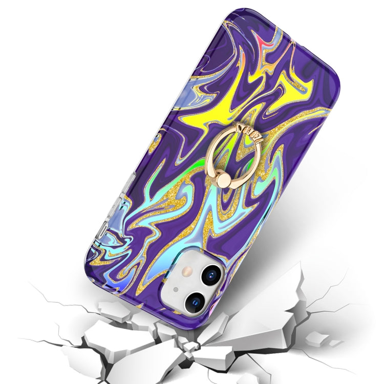 For iPhone 11 Laser Glitter Watercolor Pattern Shockproof Protective Case with Ring Holder