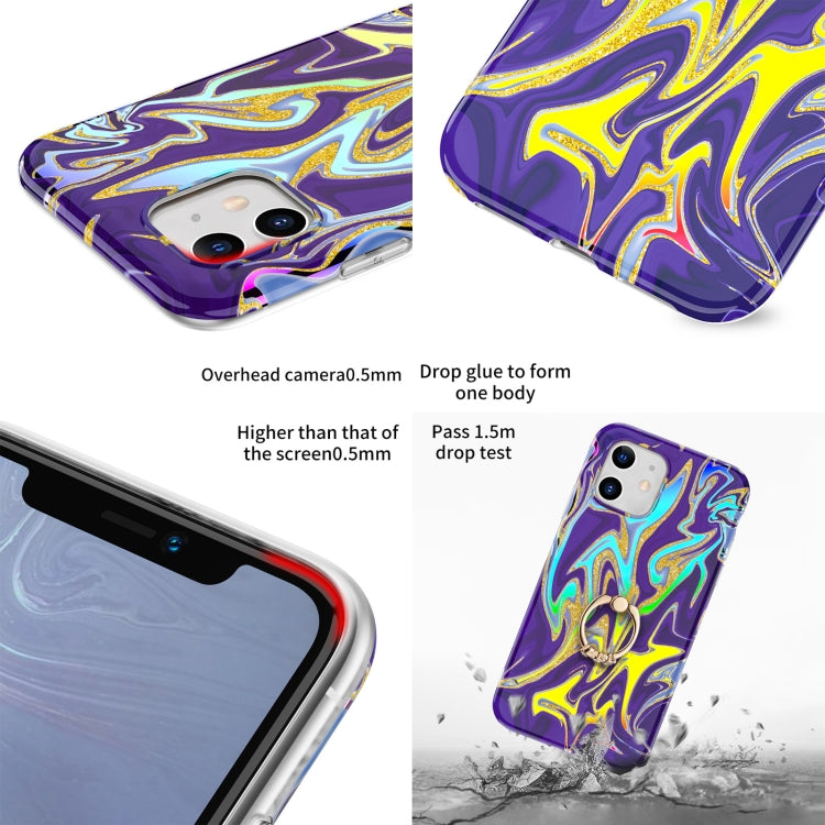 For iPhone 11 Laser Glitter Watercolor Pattern Shockproof Protective Case with Ring Holder