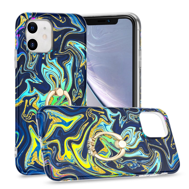 For iPhone 11 Laser Glitter Watercolor Pattern Shockproof Protective Case with Ring Holder