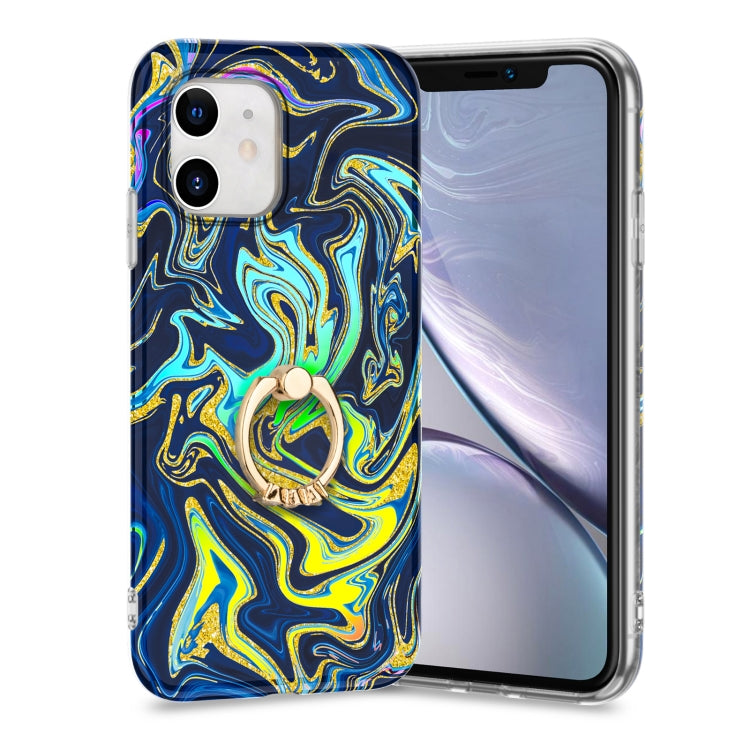 For iPhone 11 Laser Glitter Watercolor Pattern Shockproof Protective Case with Ring Holder