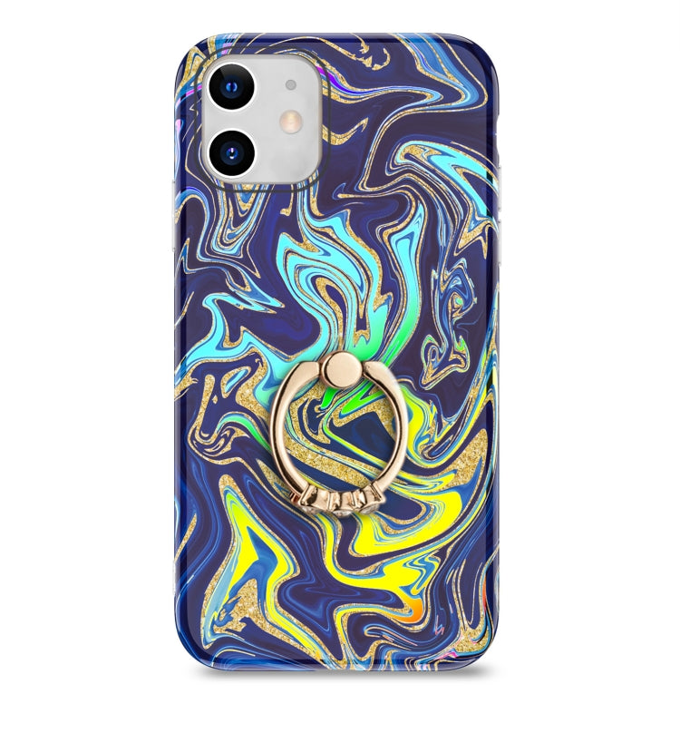 For iPhone 11 Laser Glitter Watercolor Pattern Shockproof Protective Case with Ring Holder