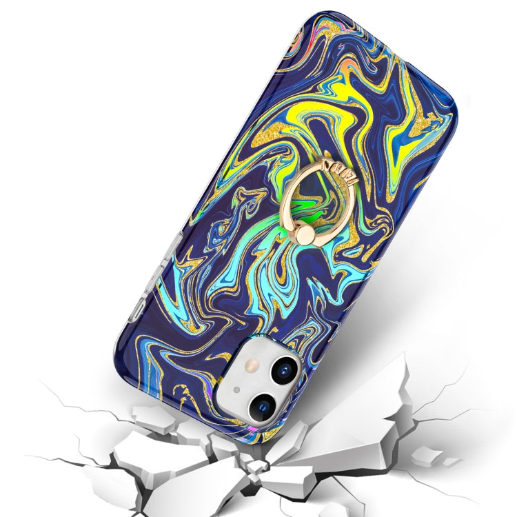 For iPhone 11 Laser Glitter Watercolor Pattern Shockproof Protective Case with Ring Holder