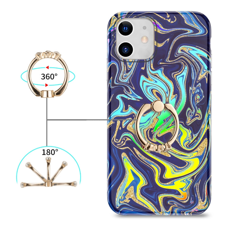 For iPhone 11 Laser Glitter Watercolor Pattern Shockproof Protective Case with Ring Holder