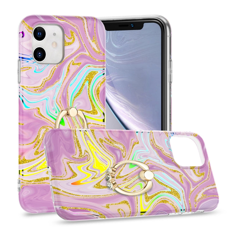 For iPhone 11 Laser Glitter Watercolor Pattern Shockproof Protective Case with Ring Holder
