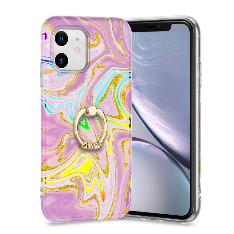 For iPhone 11 Laser Glitter Watercolor Pattern Shockproof Protective Case with Ring Holder