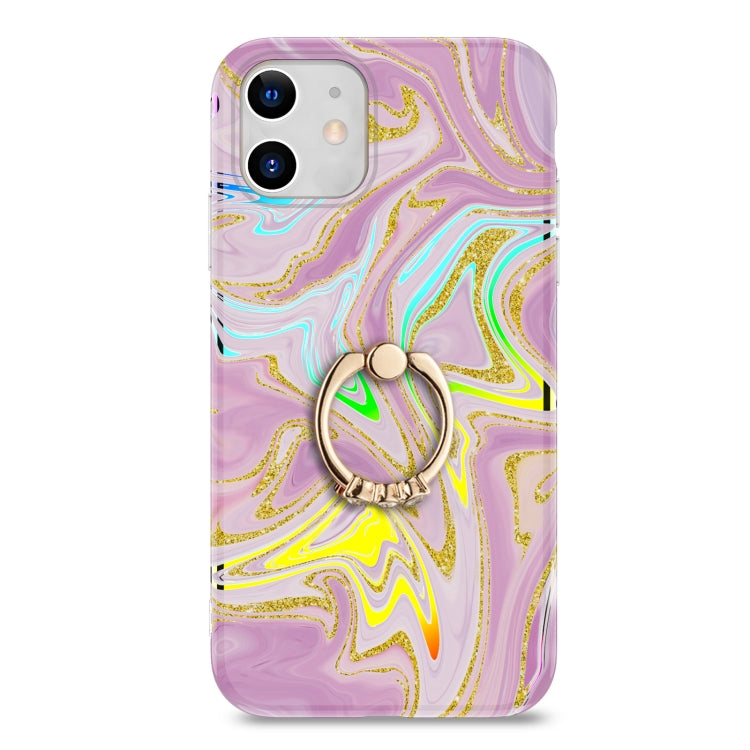 For iPhone 11 Laser Glitter Watercolor Pattern Shockproof Protective Case with Ring Holder