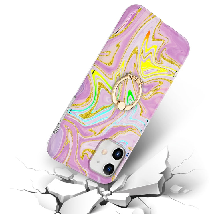 For iPhone 11 Laser Glitter Watercolor Pattern Shockproof Protective Case with Ring Holder
