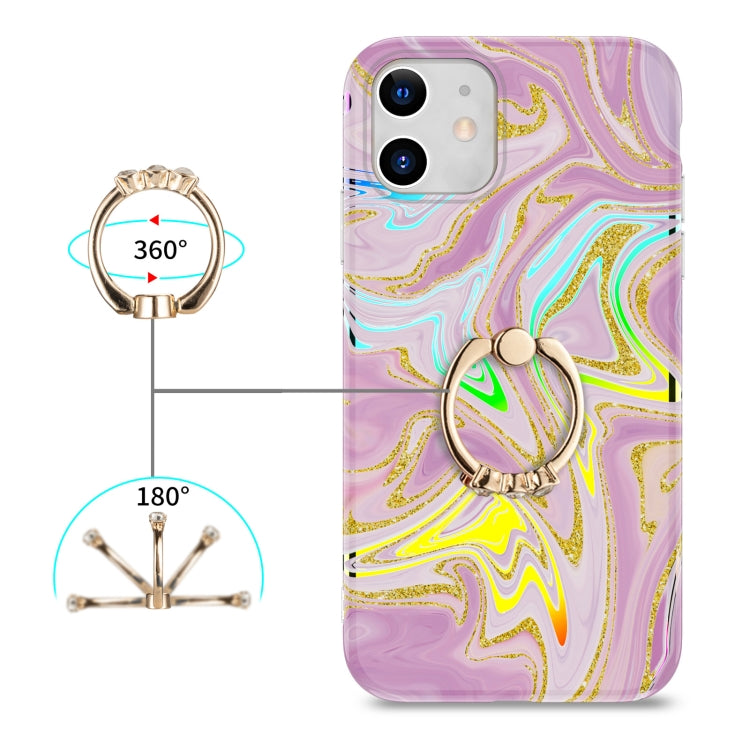 For iPhone 11 Laser Glitter Watercolor Pattern Shockproof Protective Case with Ring Holder