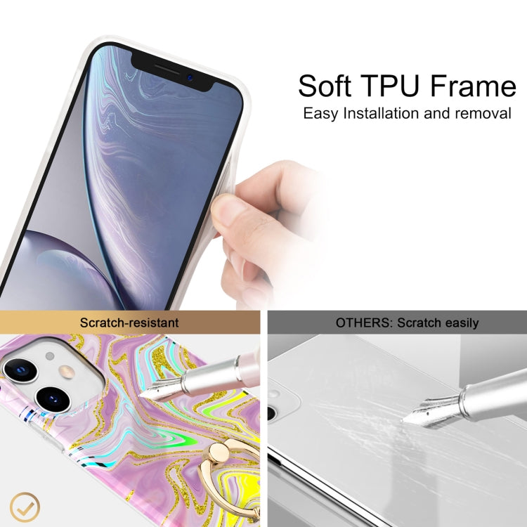 For iPhone 11 Laser Glitter Watercolor Pattern Shockproof Protective Case with Ring Holder