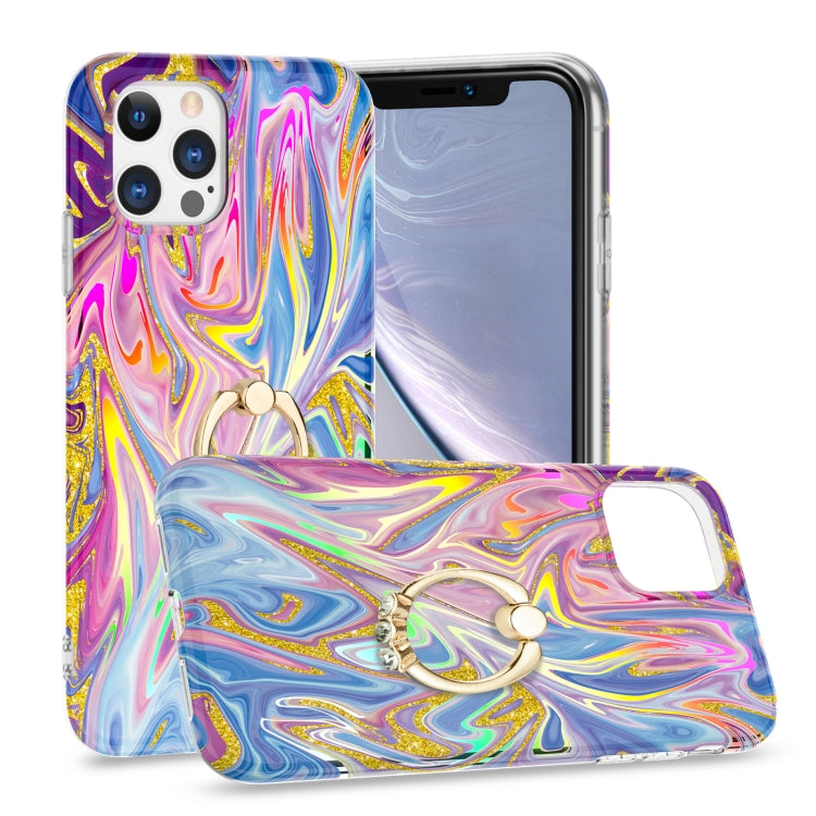For iPhone 11 Pro Laser Glitter Watercolor Pattern Shockproof Protective Case with Ring Holder