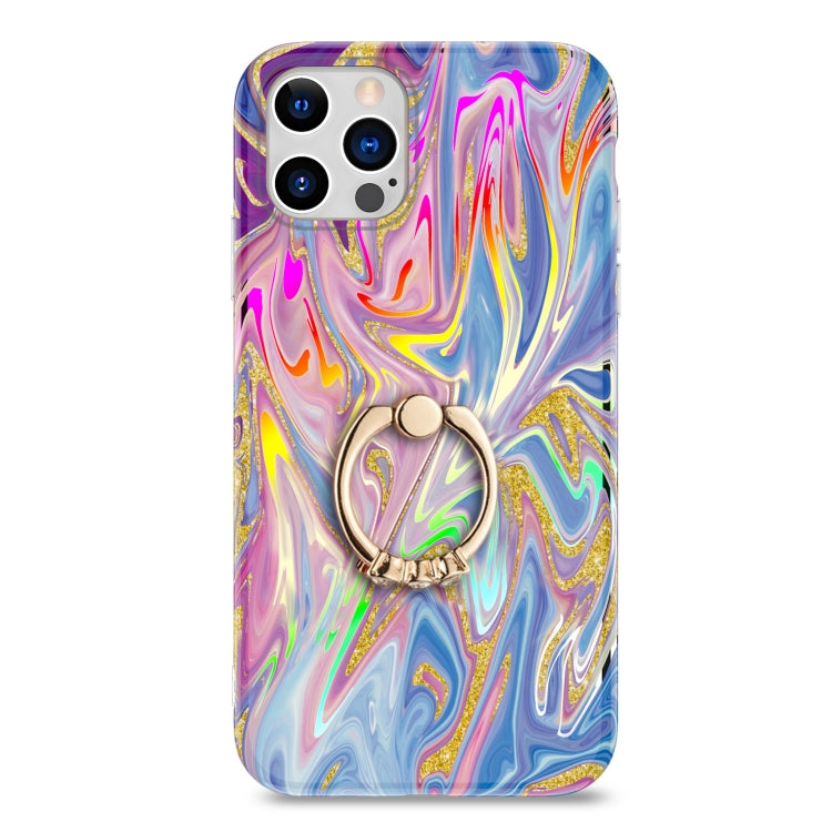 For iPhone 11 Pro Laser Glitter Watercolor Pattern Shockproof Protective Case with Ring Holder