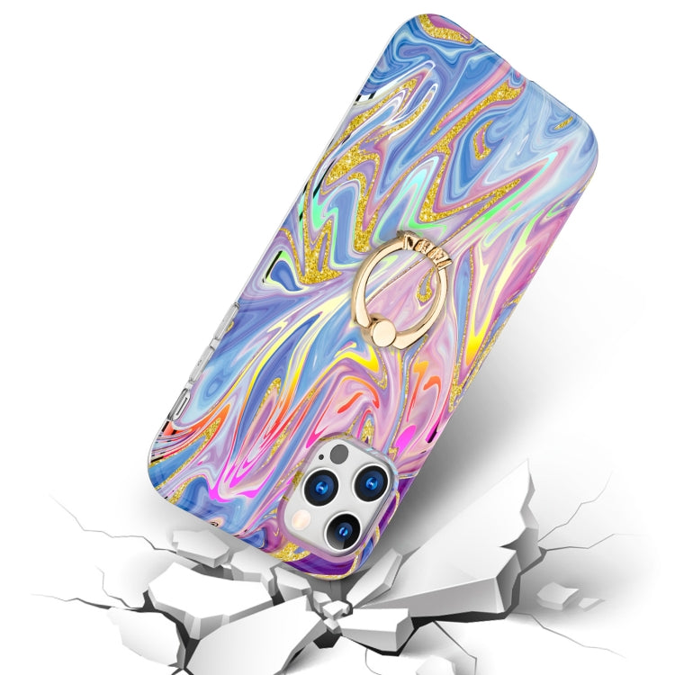 For iPhone 11 Pro Laser Glitter Watercolor Pattern Shockproof Protective Case with Ring Holder