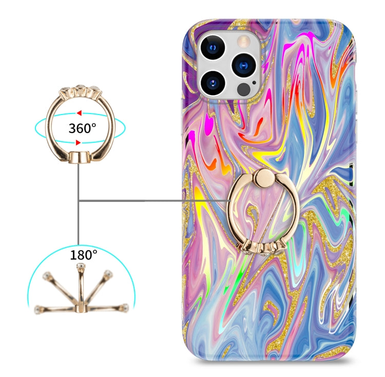 For iPhone 11 Pro Laser Glitter Watercolor Pattern Shockproof Protective Case with Ring Holder