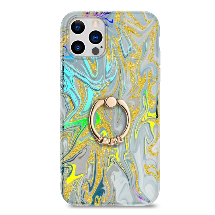 For iPhone 11 Pro Laser Glitter Watercolor Pattern Shockproof Protective Case with Ring Holder