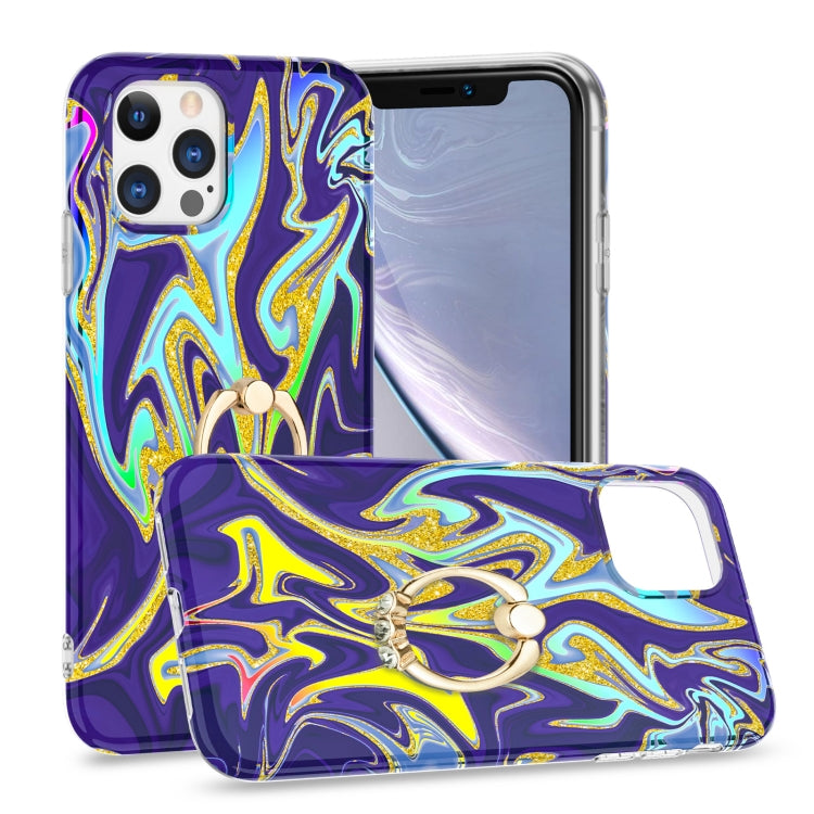 For iPhone 11 Pro Laser Glitter Watercolor Pattern Shockproof Protective Case with Ring Holder