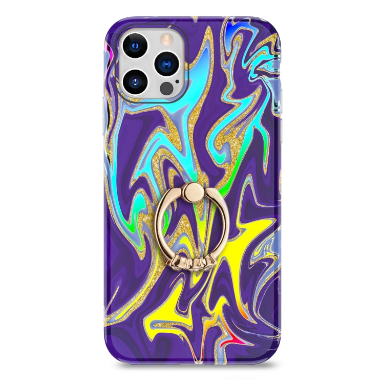 For iPhone 11 Pro Laser Glitter Watercolor Pattern Shockproof Protective Case with Ring Holder