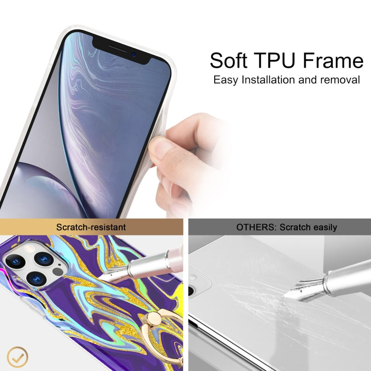 For iPhone 11 Pro Laser Glitter Watercolor Pattern Shockproof Protective Case with Ring Holder