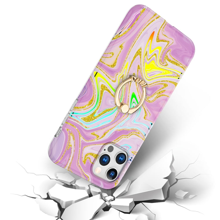 For iPhone 11 Pro Laser Glitter Watercolor Pattern Shockproof Protective Case with Ring Holder