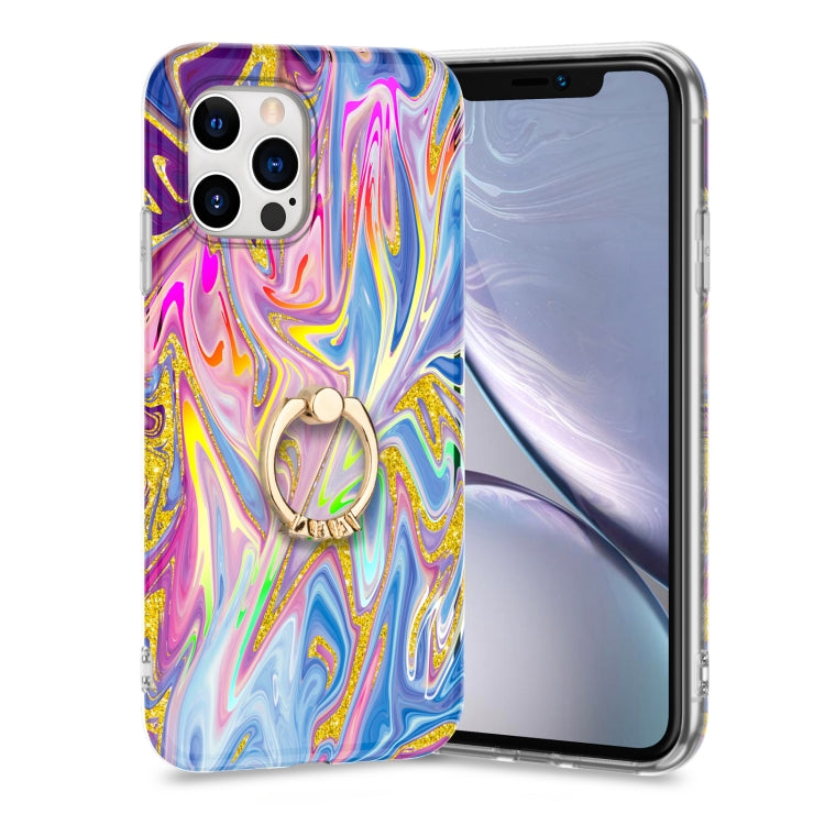 For iPhone 11 Pro Max Laser Glitter Watercolor Pattern Shockproof Protective Case with Ring Holder
