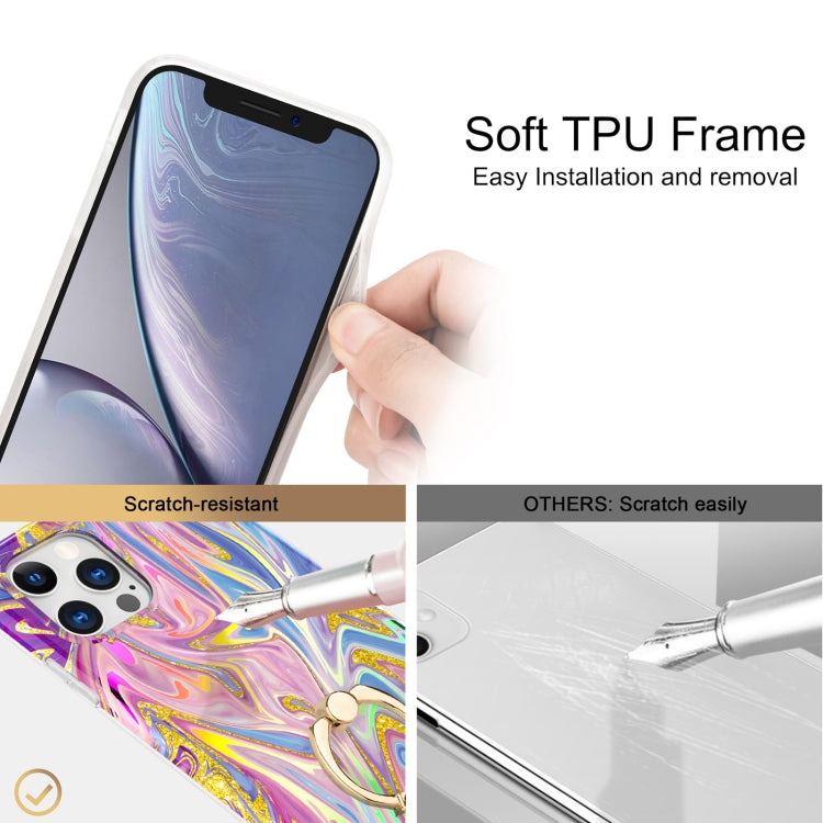 For iPhone 11 Pro Max Laser Glitter Watercolor Pattern Shockproof Protective Case with Ring Holder