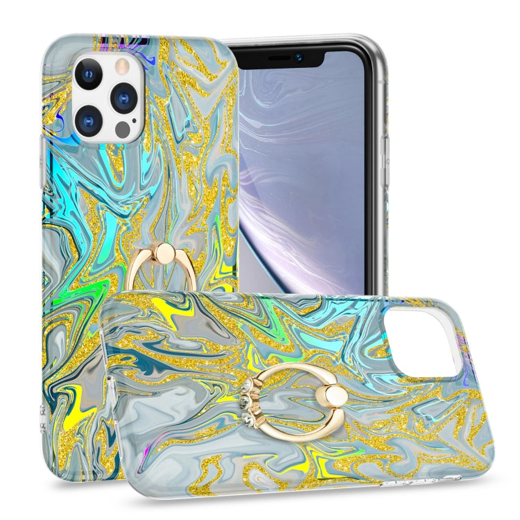 For iPhone 11 Pro Max Laser Glitter Watercolor Pattern Shockproof Protective Case with Ring Holder